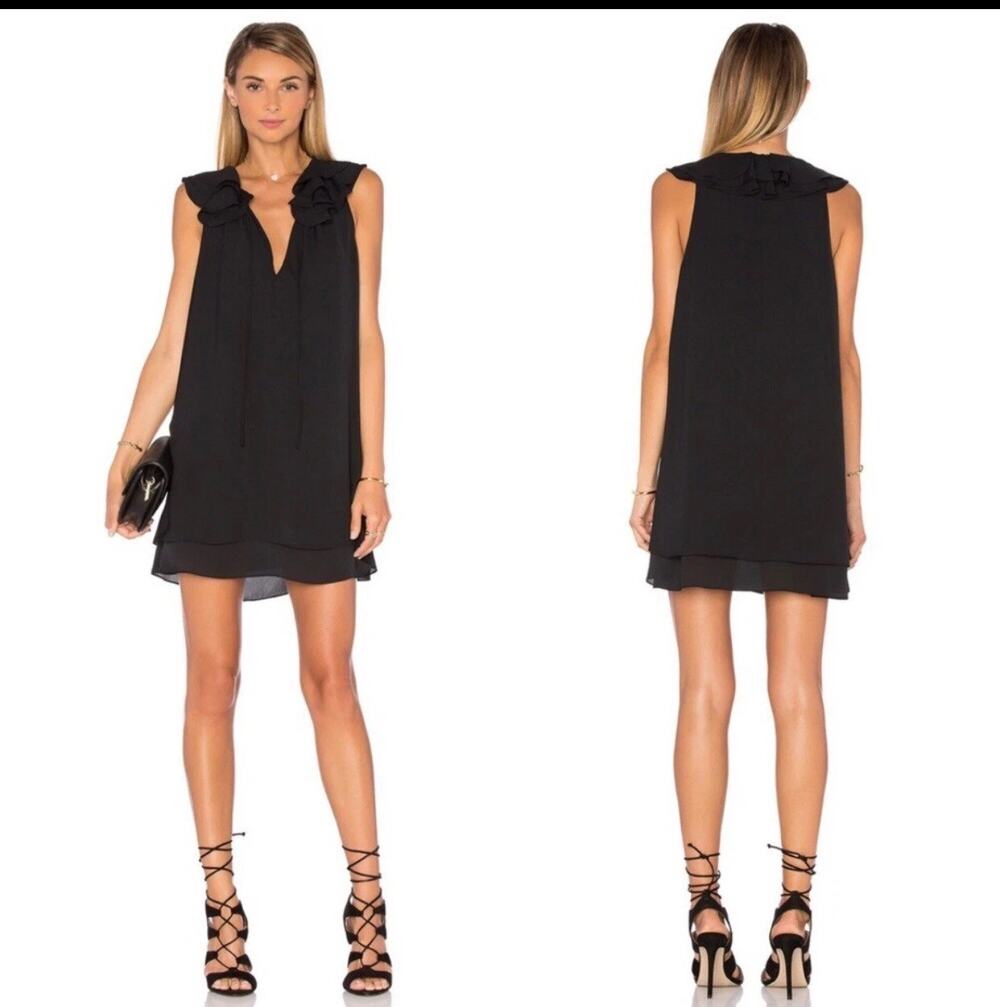 Amanda Uprichard  Belle Mini Dress Black Sleeveless V Neck  Ruffle Tie LBD small